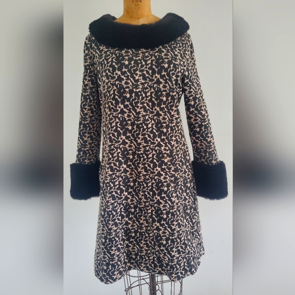 Tyler Boe Chelsea Midi Faux Fur trim dresss, size S, black/cream pattern